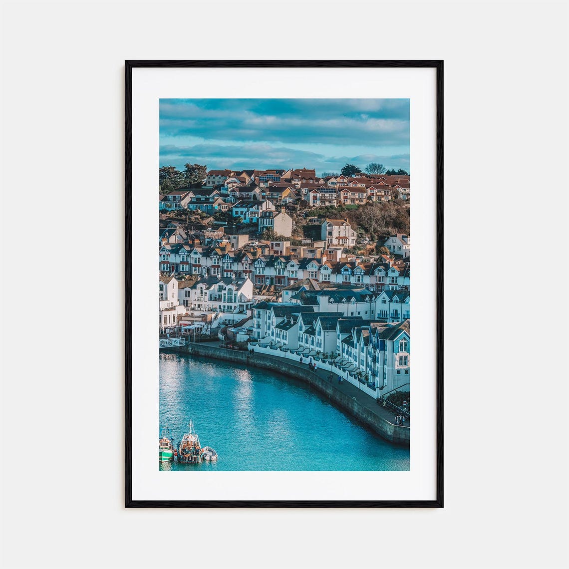 Devon England Harbor Town Hillside Boats Turquoise Water Photo Poster
