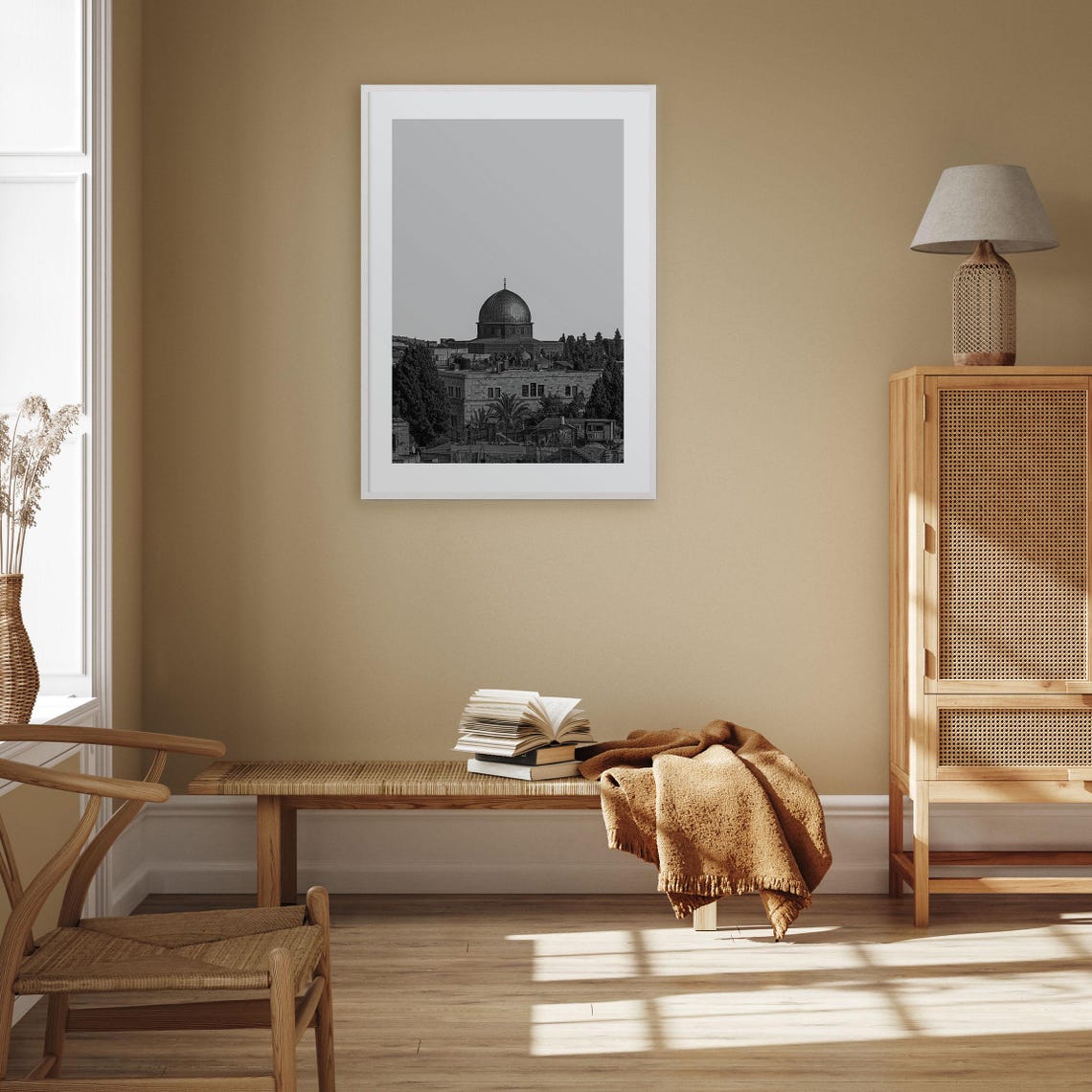 Dome Of The Rock Rising Above Old City Rooftops Black White Poster - Image 3
