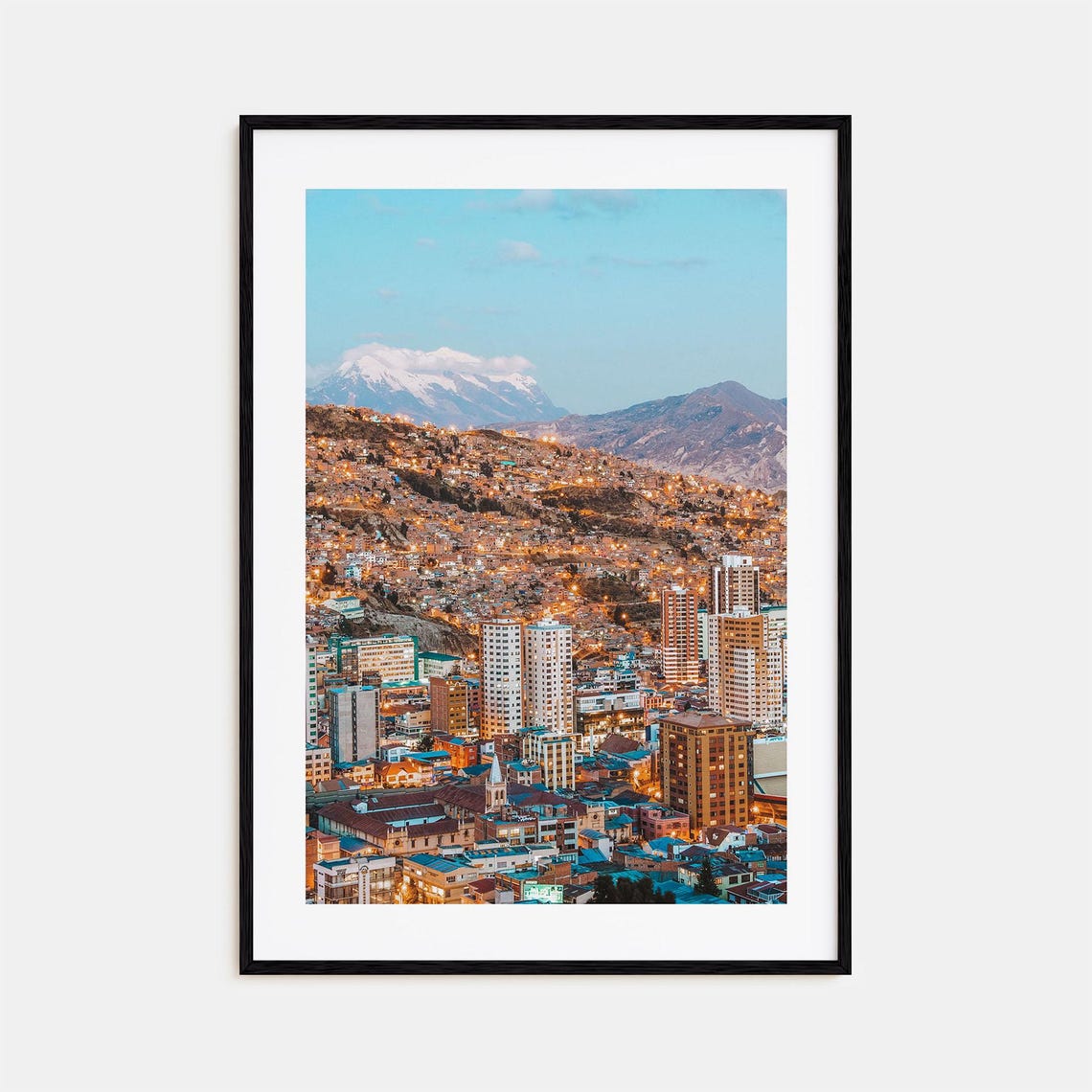 Mountain Hillside City Lights at Snow Capped Peak Dusk Photo Print