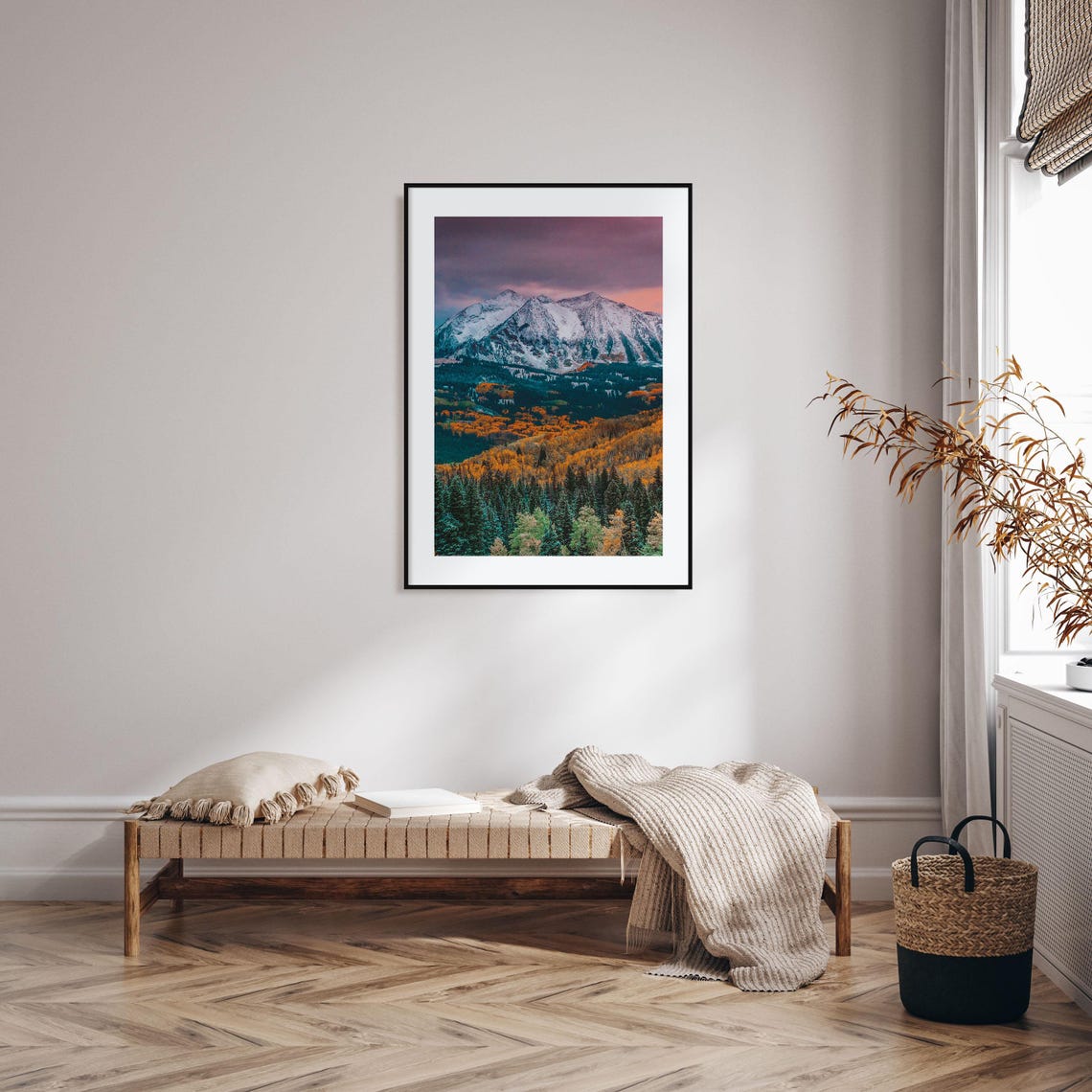 Snowy Peaks Above Golden Autumn Aspen Forest at Dusk Mountains Print - Image 2