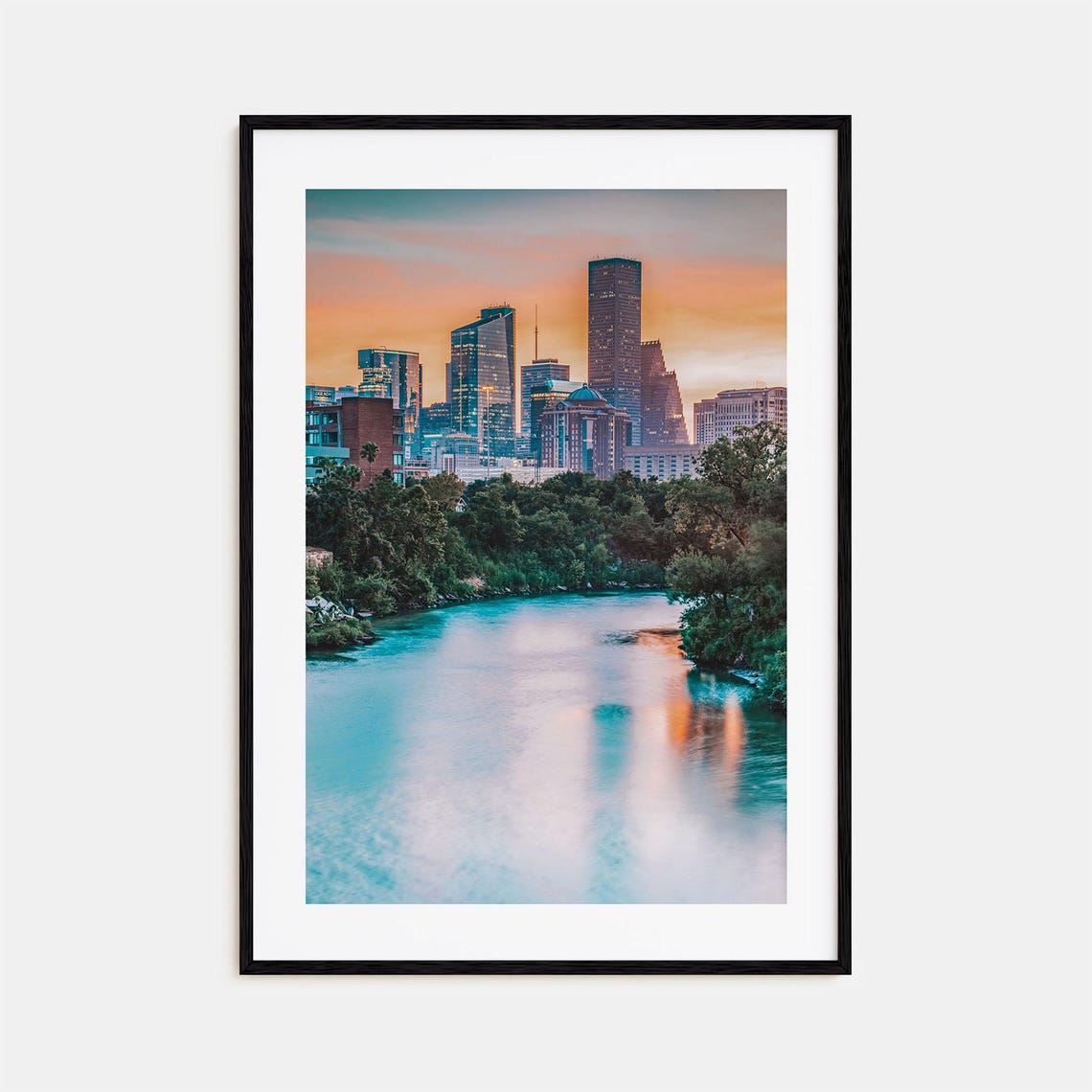 Houston Skyline at Sunset Reflected Over the Bayou Water Poster