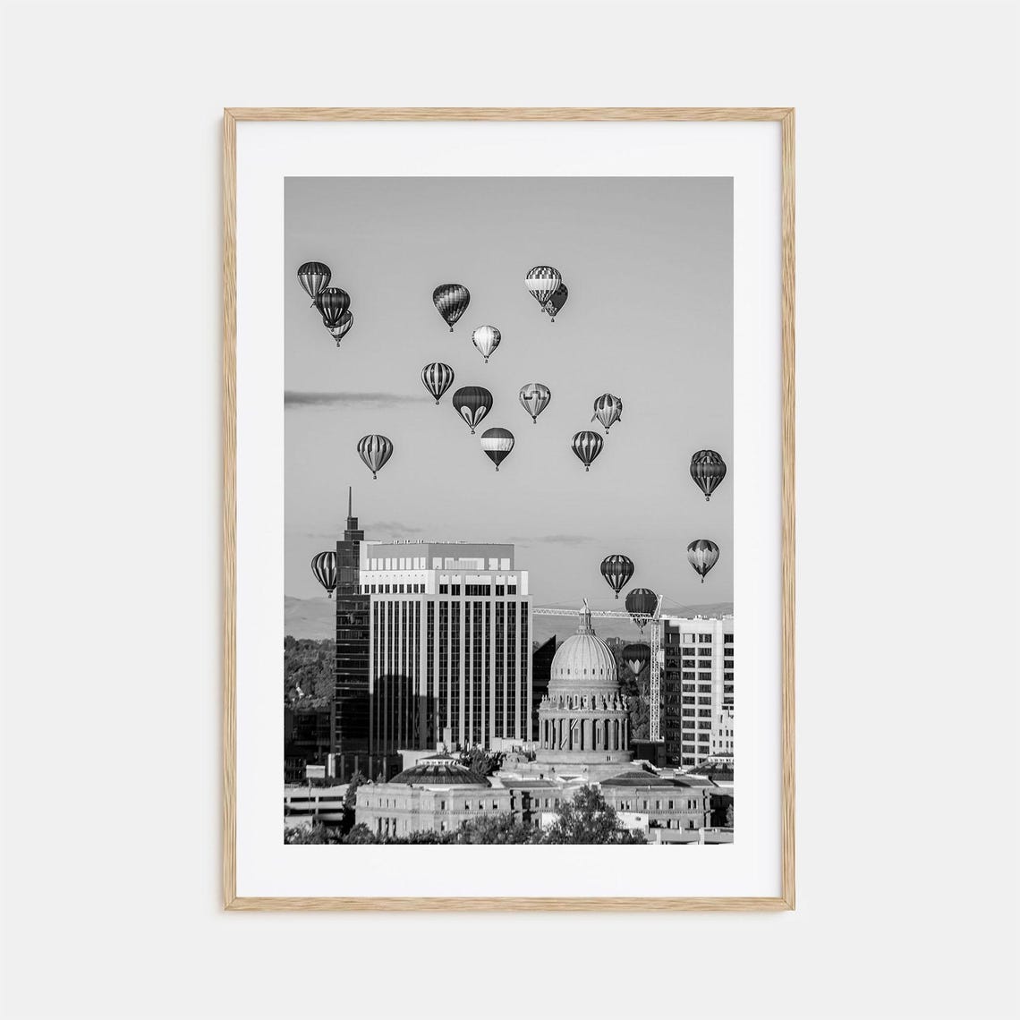 Boise Idaho Hot Air Balloons Over Downtown Black and White Poster