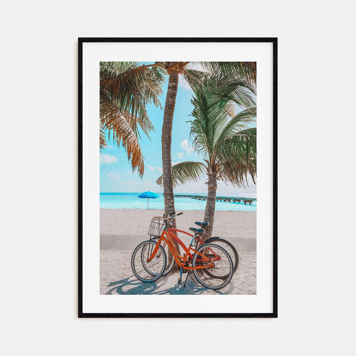 Beach Bicycles Palm Trees Turquoise Ocean Summer Photo Print