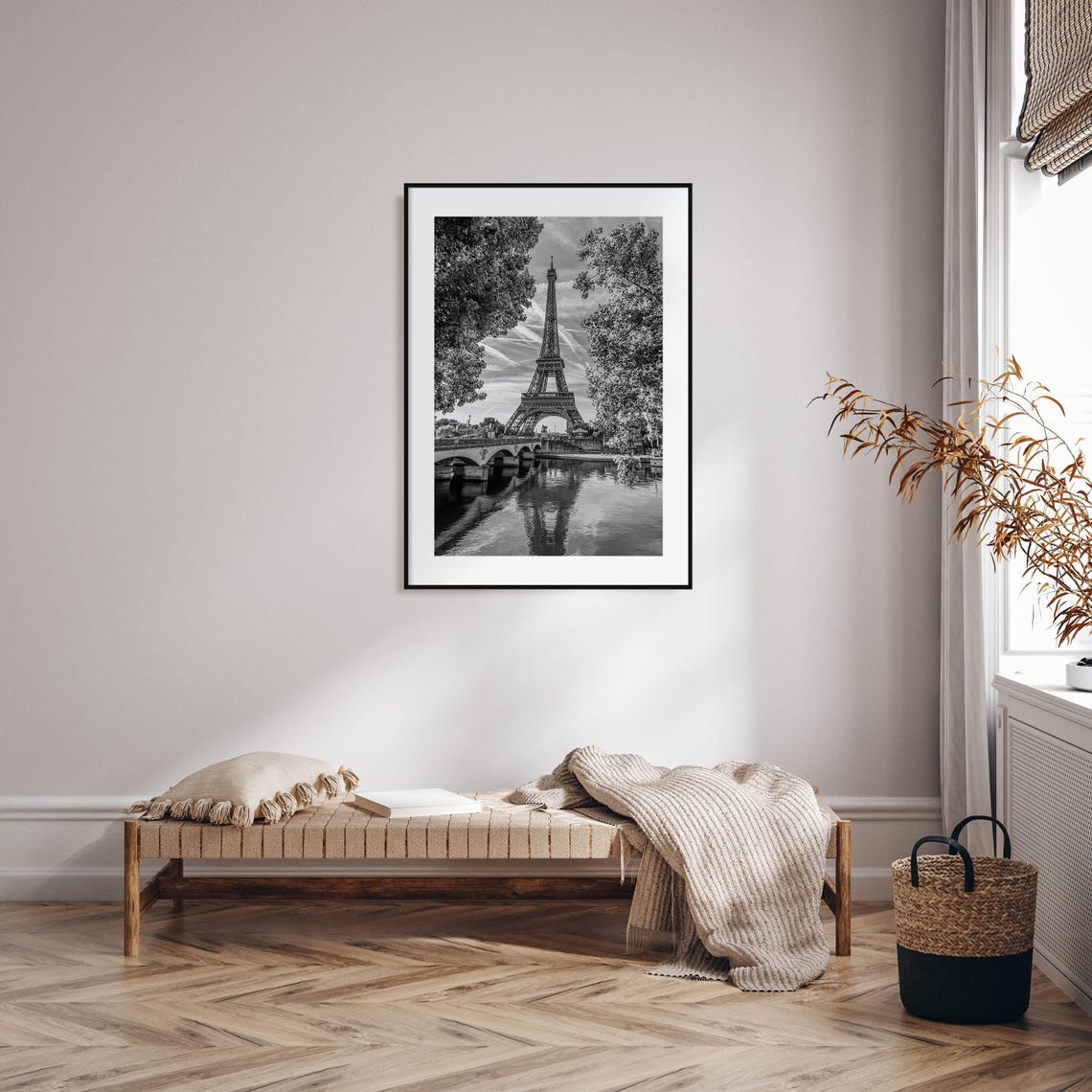 Paris Eiffel Tower Seine Reflection Bridge Black and White Poster - Image 2