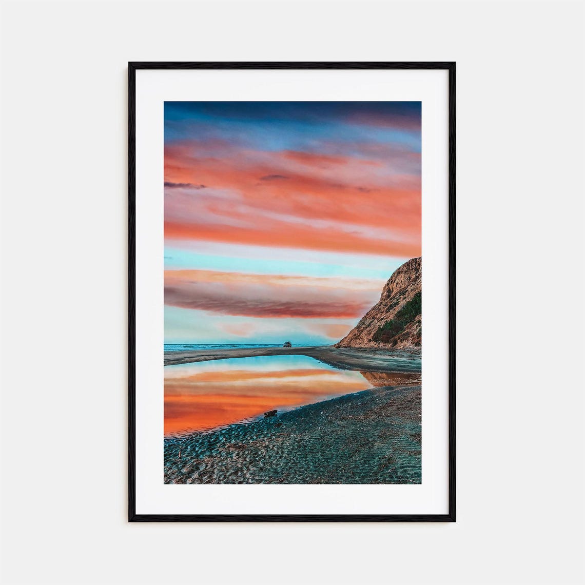Beach Sunset Orange Sky Reflection on Wet Sand Photo Art Print