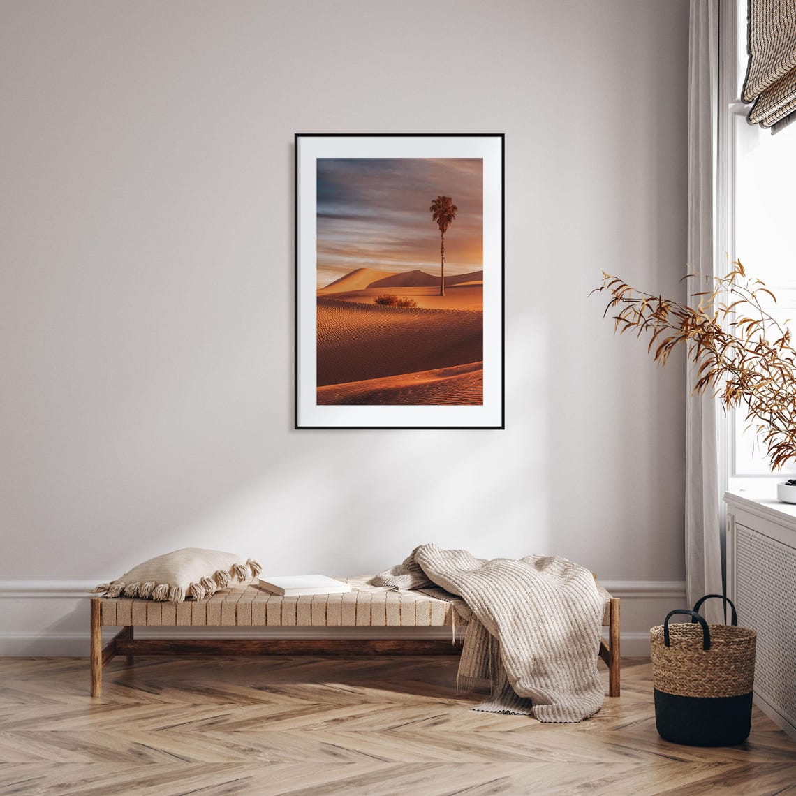 Lone Palm Tree in Sand Dunes at Sunset Golden Warm Desert Print - Image 2