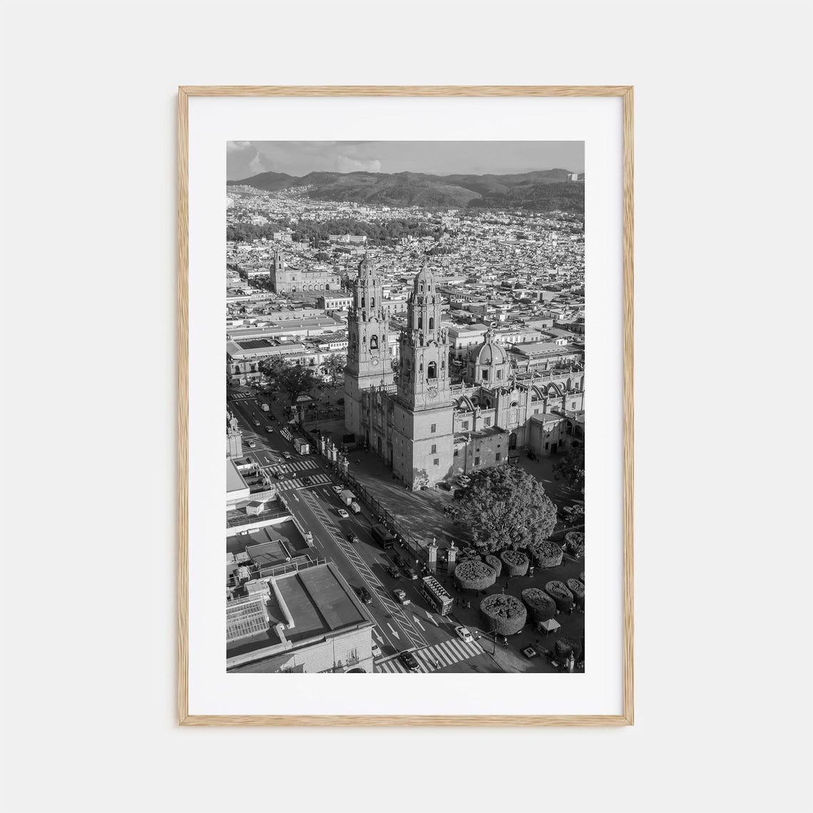 Morelia Mexico Cathedral Twin Towers Aerial Black and White Poster