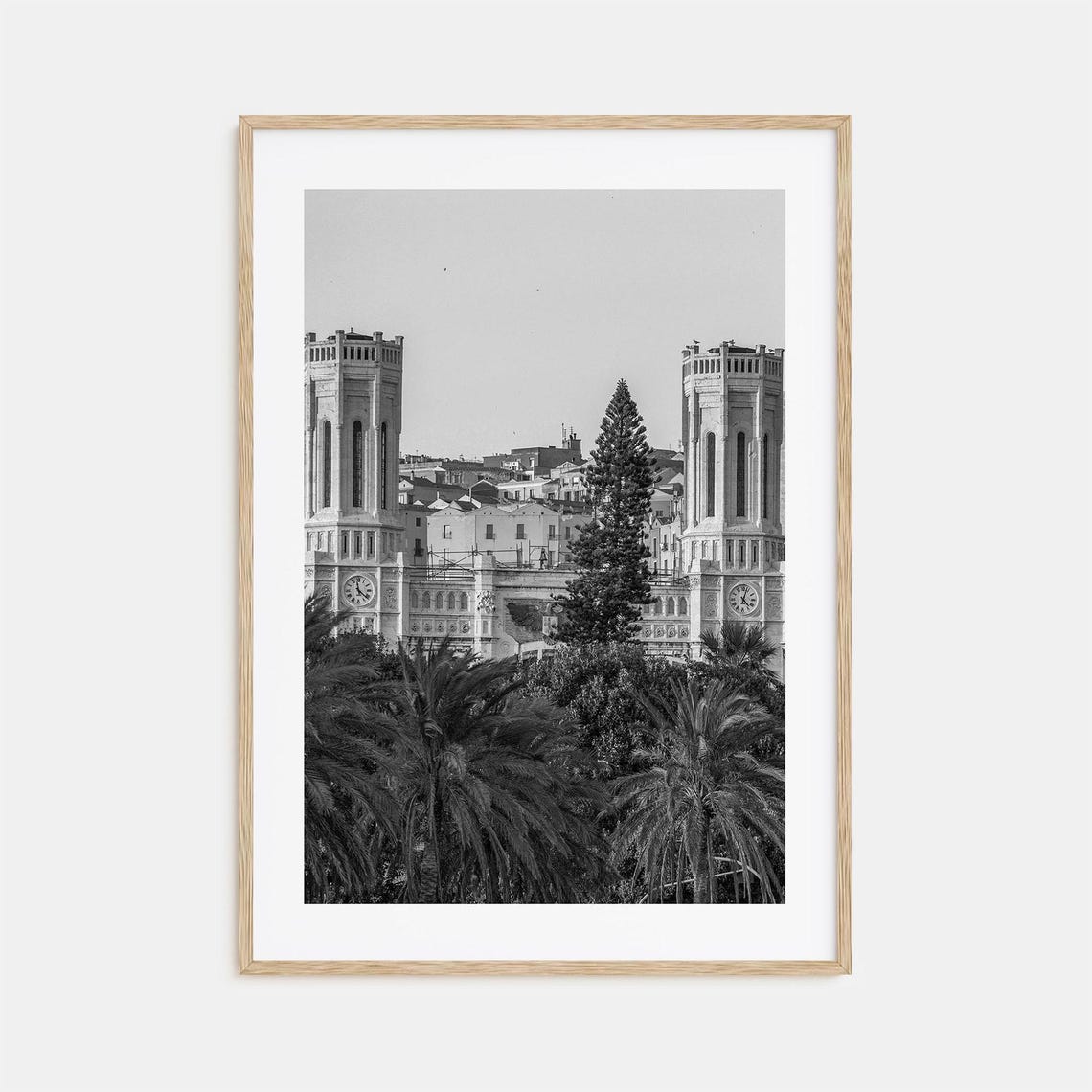 Cagliari Historic Cathedral Twin Towers Palms Black White Poster