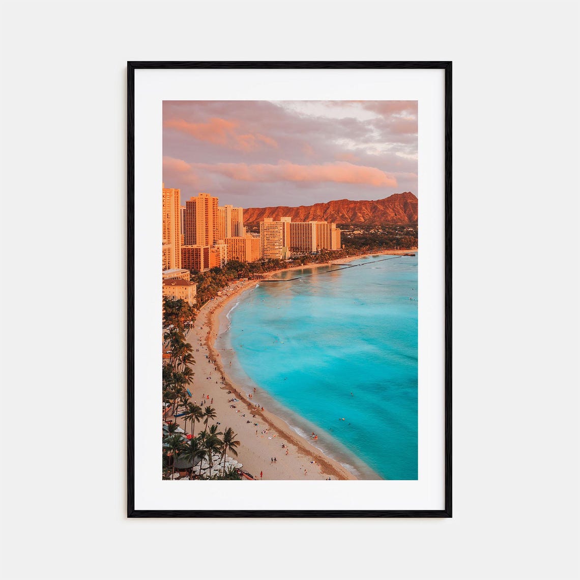 Honolulu Waikiki Beach with Diamond Head Crater at Sunset Print