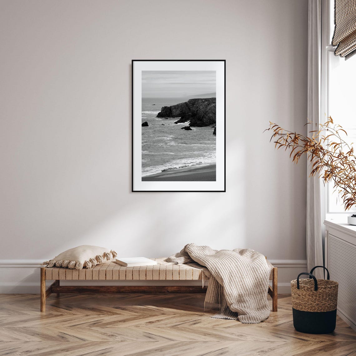 Bodega Bay California Rocky Cliffs Ocean Black and White Poster - Image 2