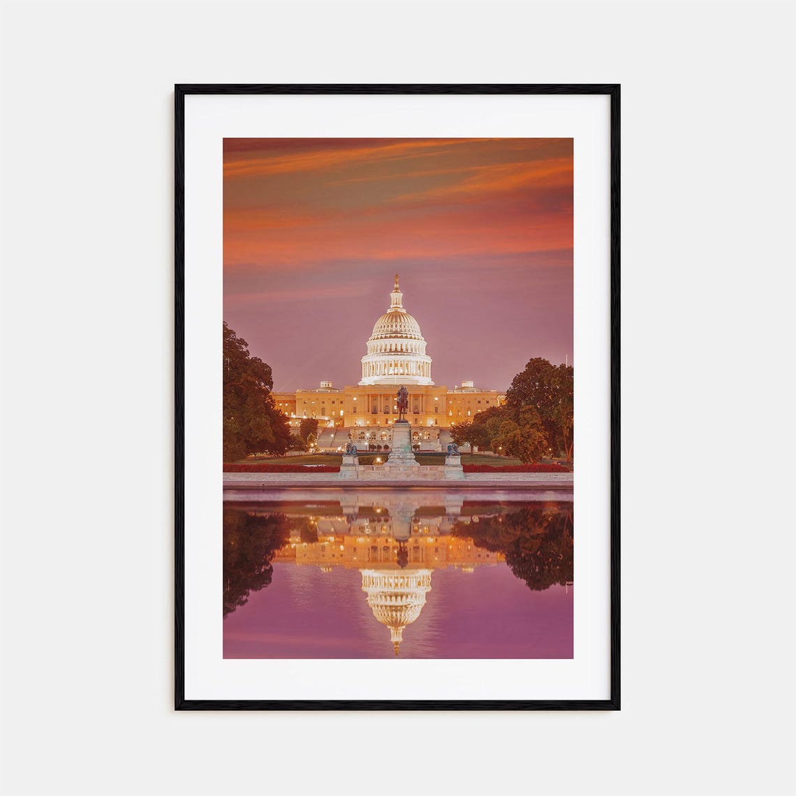 Washington DC US Capitol Dome at Sunset Reflection Water Photo Poster