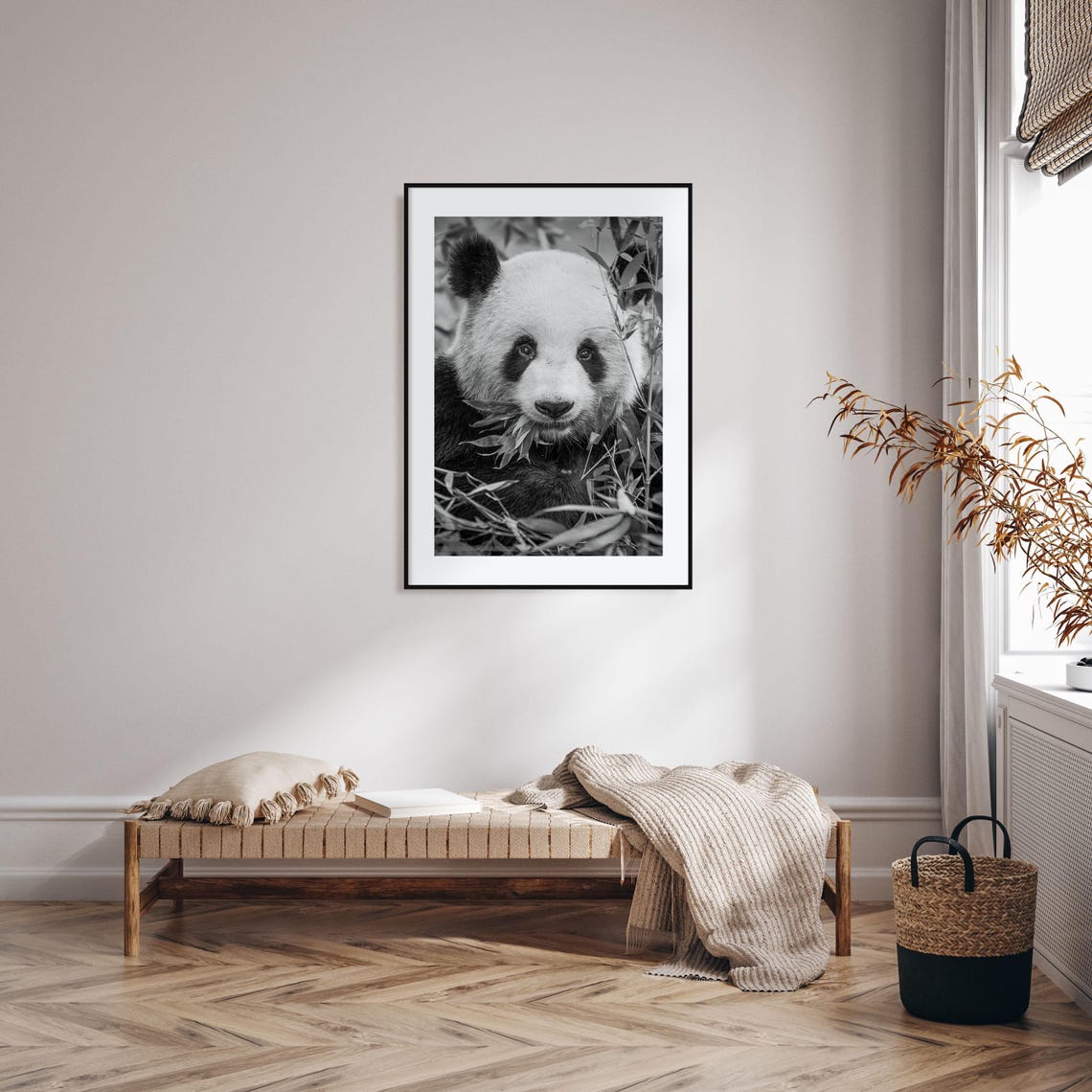 Giant Panda Eating Bamboo Close Up Face Black And White Poster - Image 2