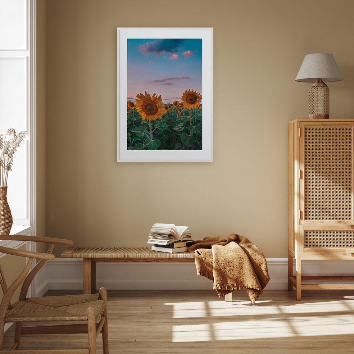 Sunflower Field Sunset Bloom Pink Sky Nature Photo Art Print - Image 3