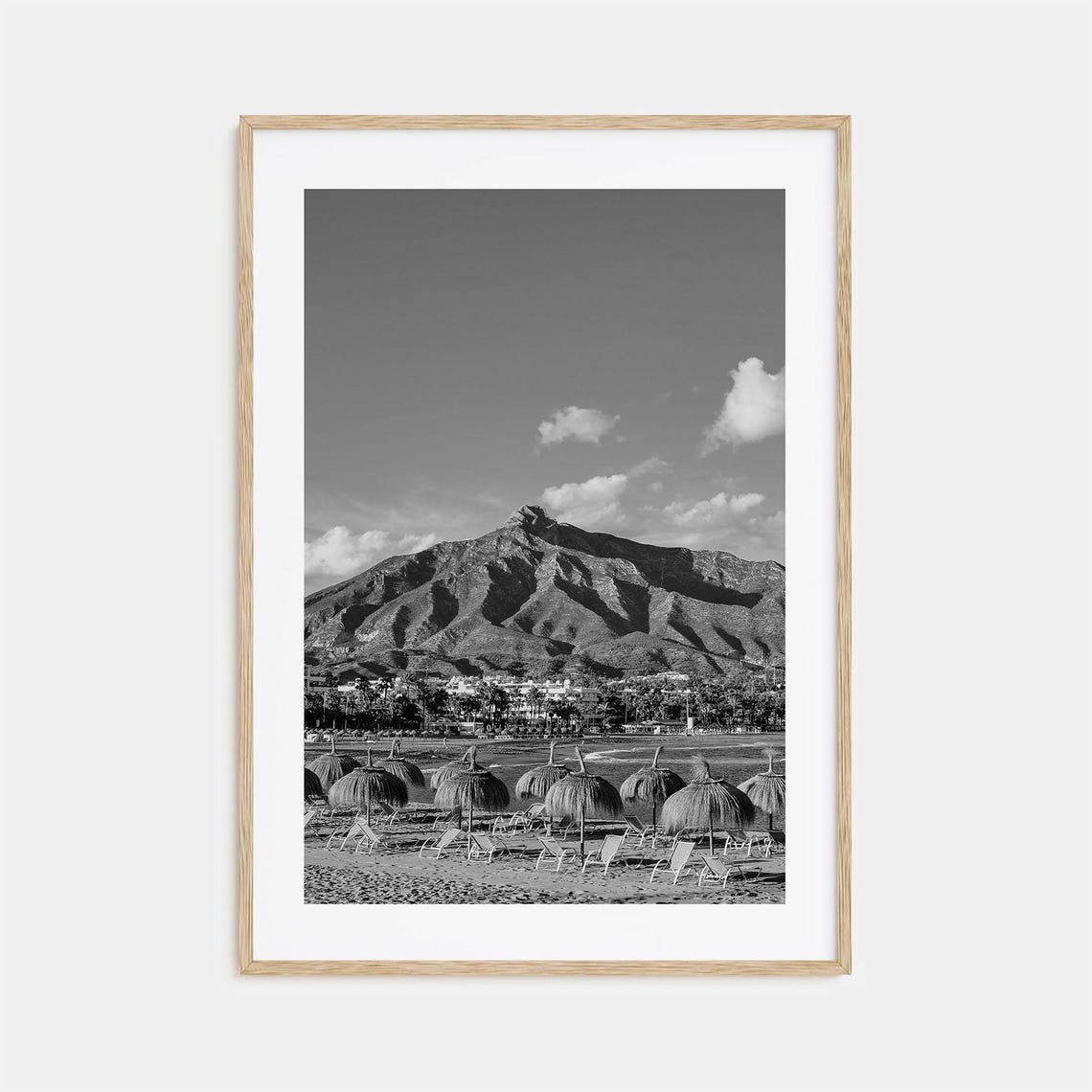 Tropical Beach Umbrellas Mountain Backdrop Black White Poster