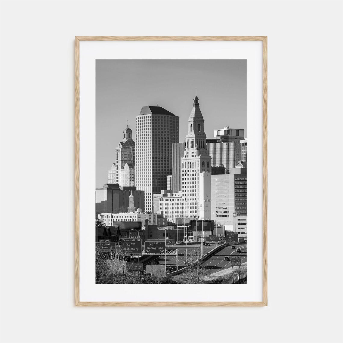 Hartford Connecticut Skyline With Interstate Highway Signs Poster