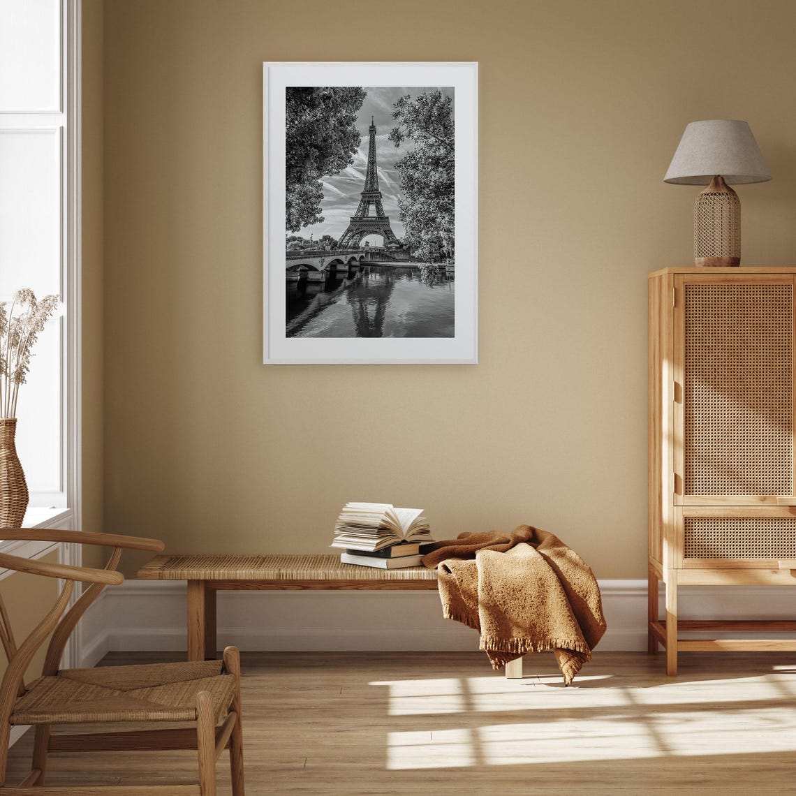 Paris Eiffel Tower Seine Reflection Bridge Black and White Poster - Image 3