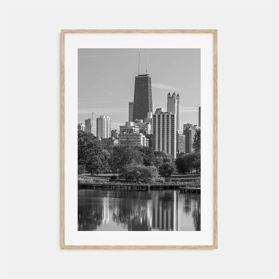 Lincoln Park Chicago Skyline Lakefront Black and White Poster