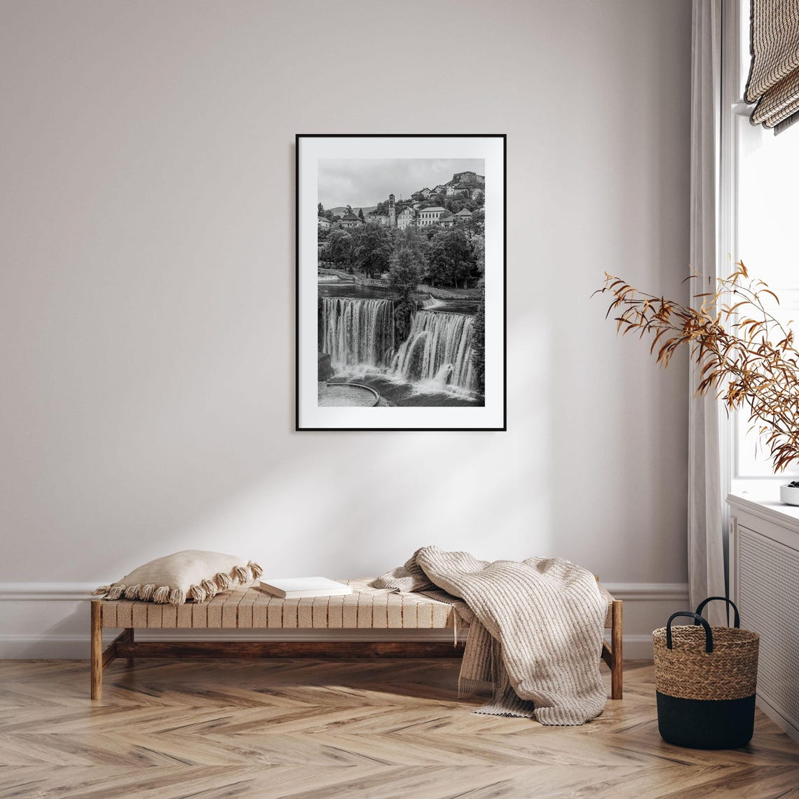 Bosnia and Herzegovina Waterfall Old Town Black and White Poster - Image 2