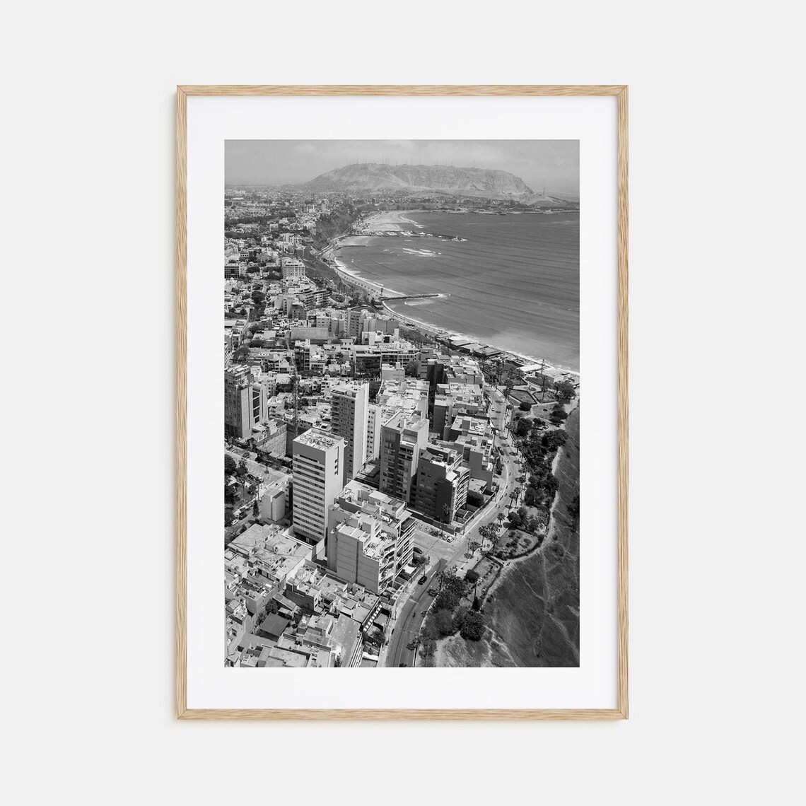 Aerial View Coastal City Skyline Beach Black and White Poster