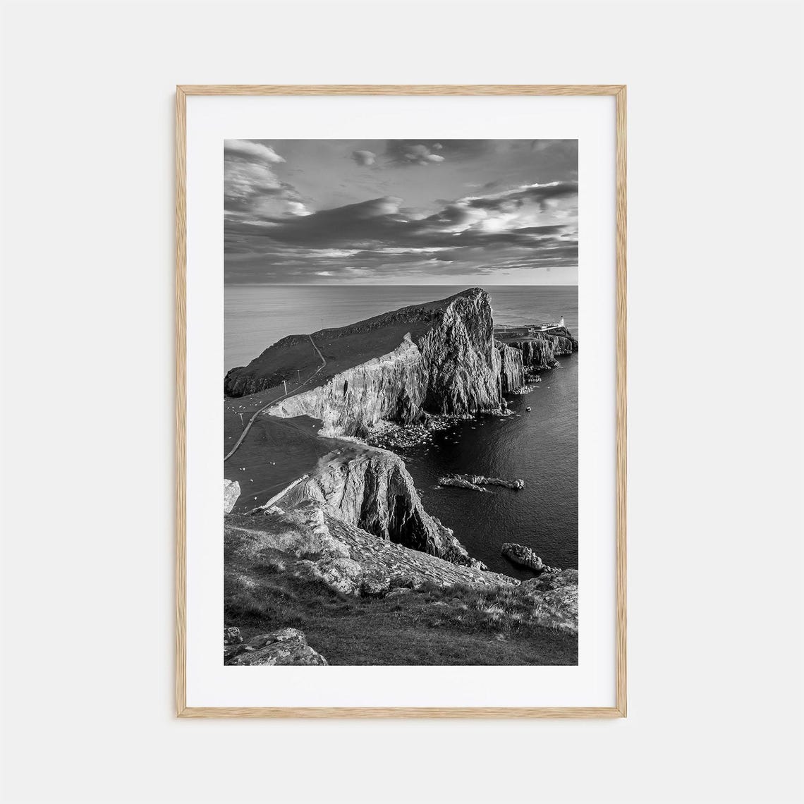 Scotland Dramatic Sea Cliffs Lighthouse Black and White Poster