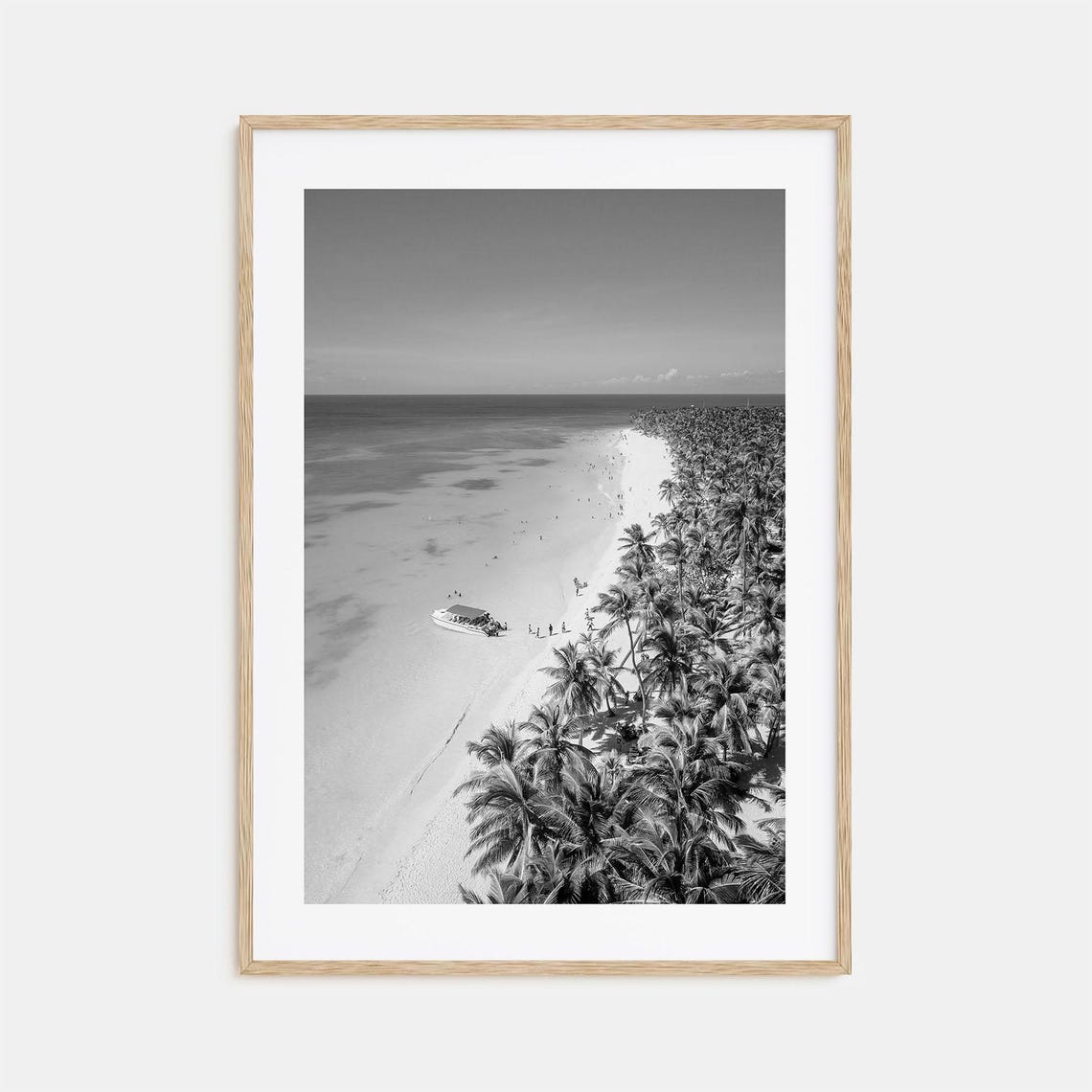 Caribbean Palm Lined Tropical Beach Boat Aerial Black White Poster