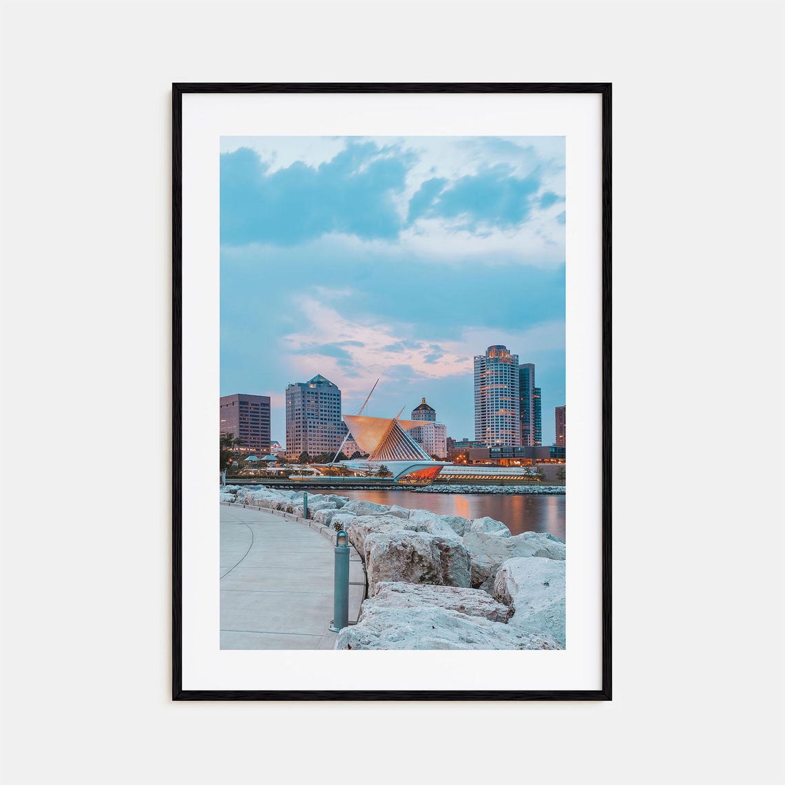 Futuristic Winged Pavilion Over Lake at Dusk With Skyline Poster