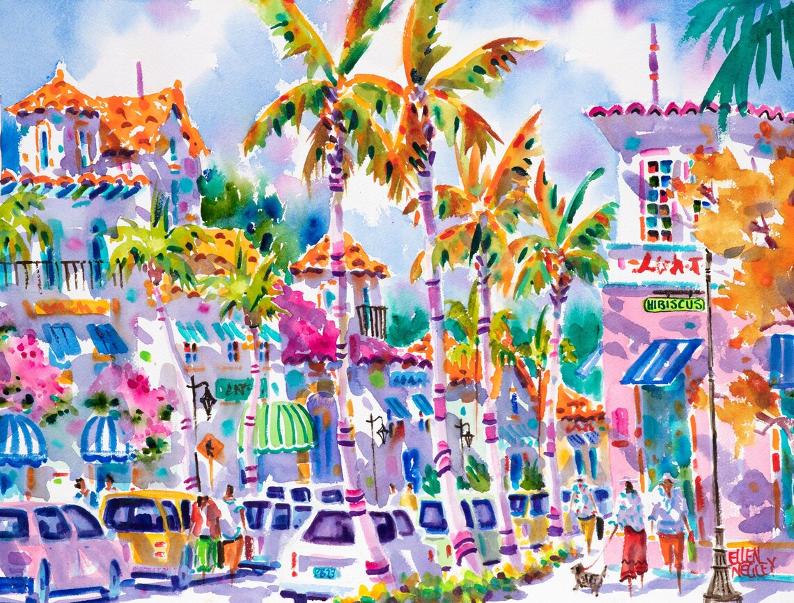 Sunny Palm Beach Worth Avenue Street Scene Watercolor Art Poster
