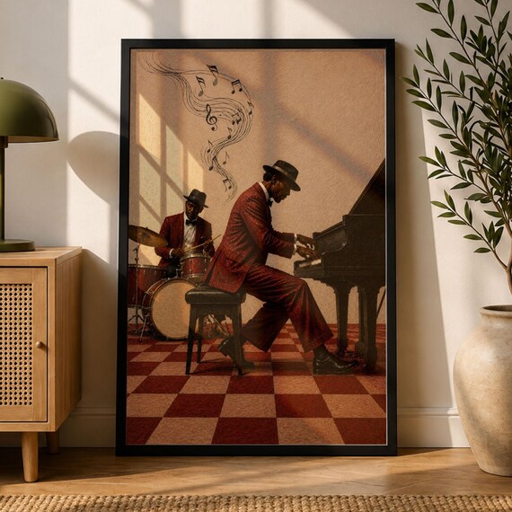 Retro Jazz Pianist And Drummer Burgundy Suit Club Scene Poster