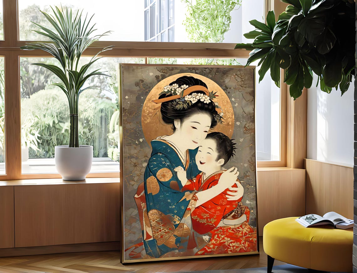 Mother and Child in Traditional Japanese Kimono Embrace Art Poster