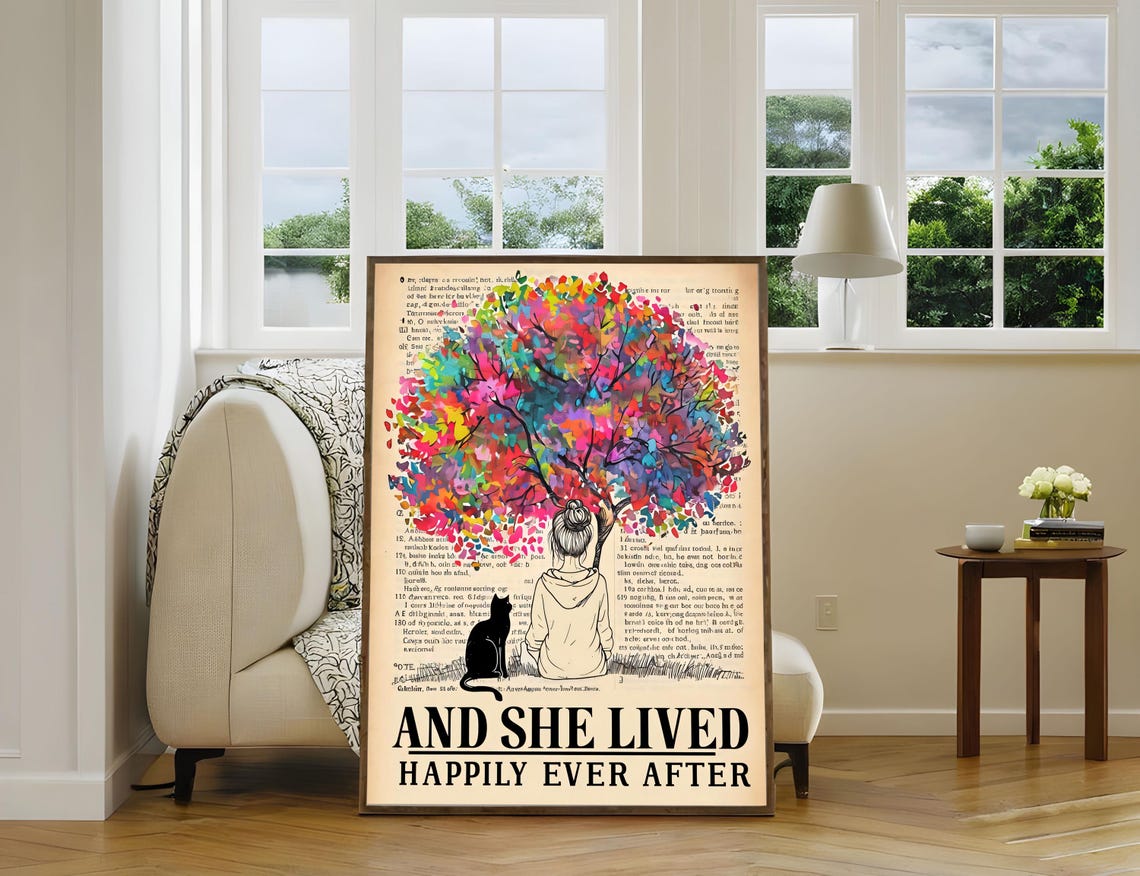 And She Lived Happily Ever After Girl Cat Rainbow Tree Poster - Image 4