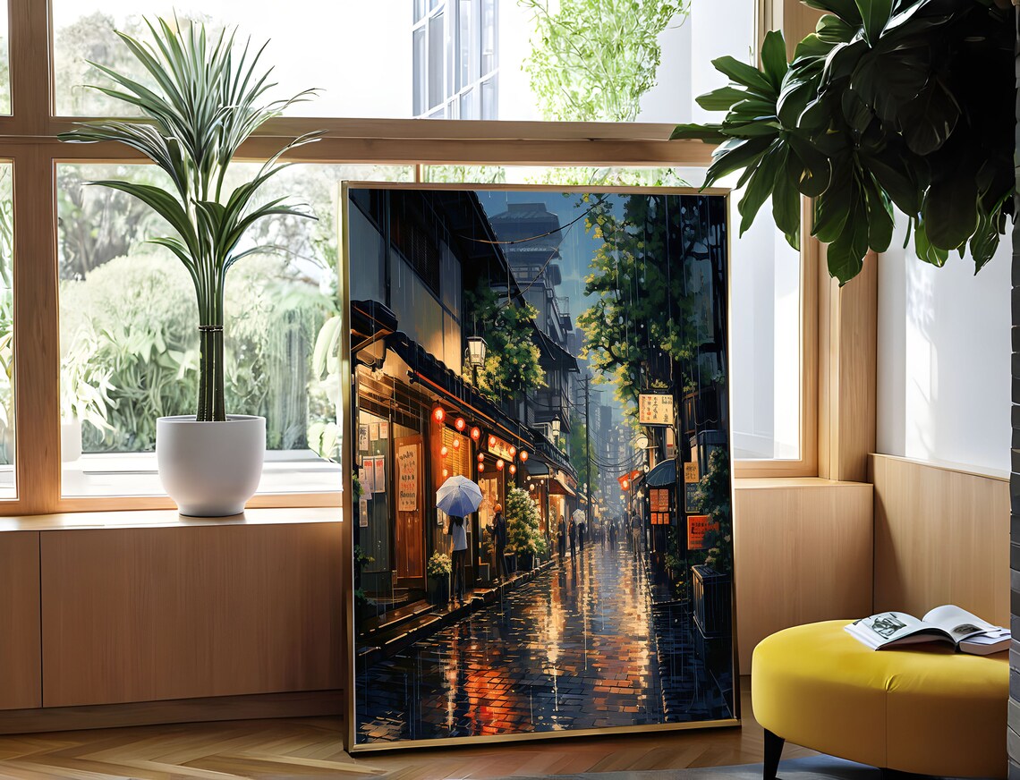 Kyoto Street Night Rain Lantern Glow Japanese Cityscape Poster - Image 4