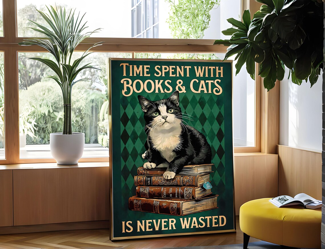 Time Spent With Books and Cats Tuxedo Cat Vintage Quote Art Poster - Image 5
