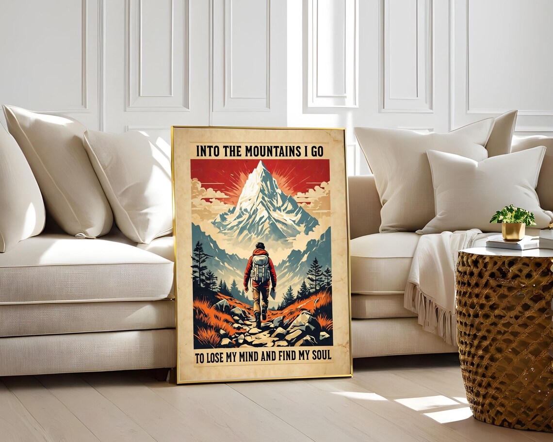 Into The Mountains I Go Vintage Hiker Snowy Peak Adventure Poster - Image 3
