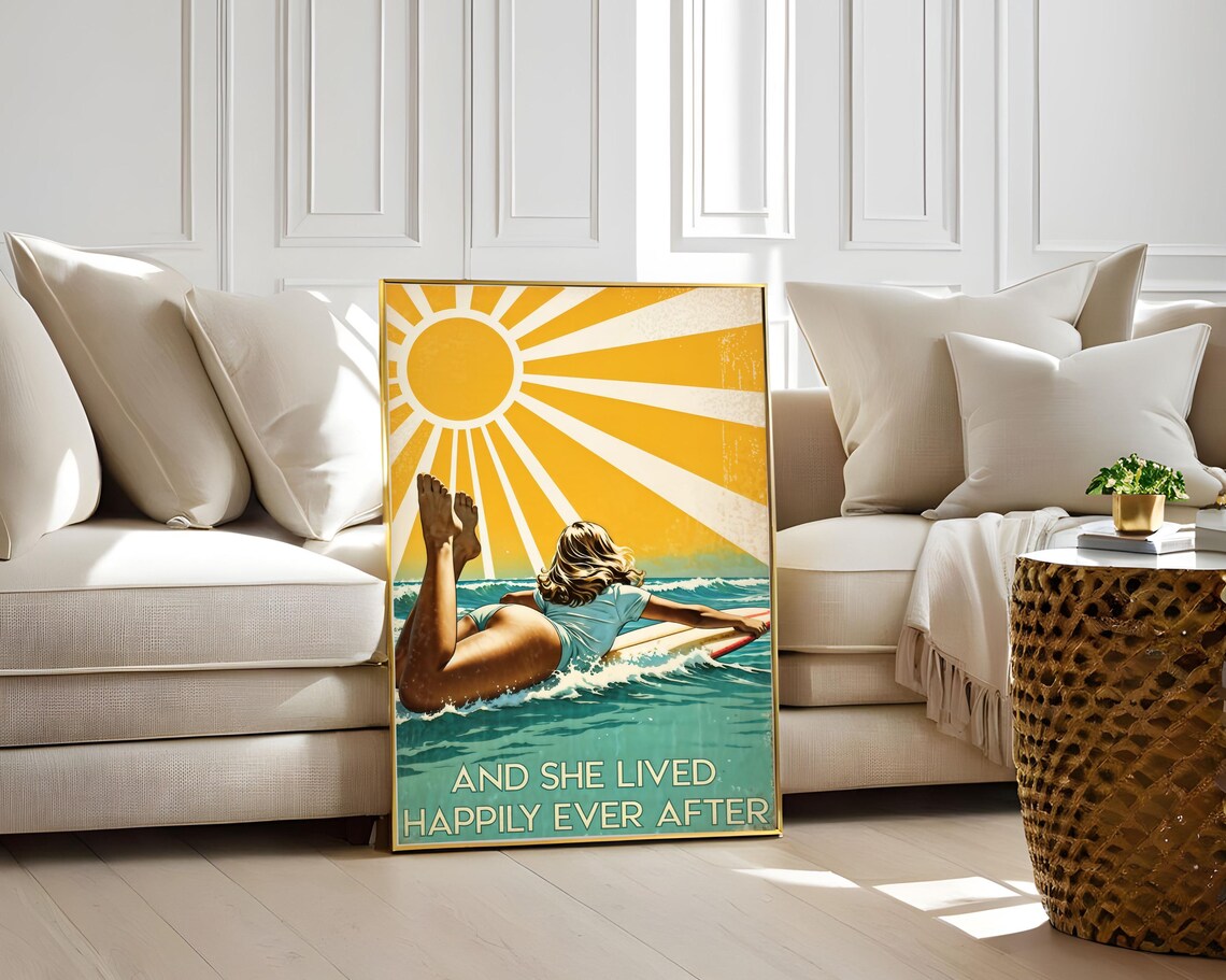 Surfing Girl Happily Ever After Vintage Sunburst Surf Art Poster - Image 2
