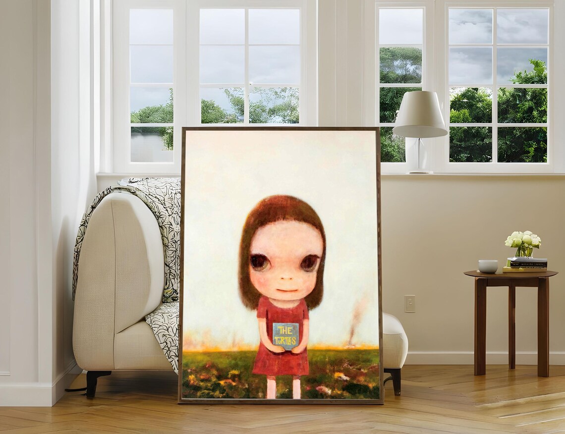 Yoshitomo Nara Red Dress Girl Holding Book in Field Sunset Wall Art - Image 5
