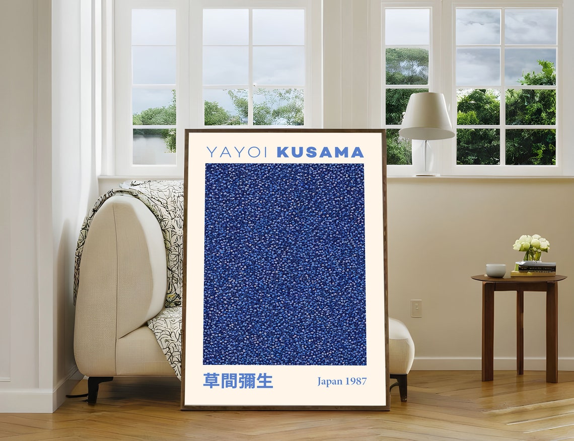 Yayoi Kusama Japan 1987 Intricate Blue Floral Vine Art Poster - Image 2