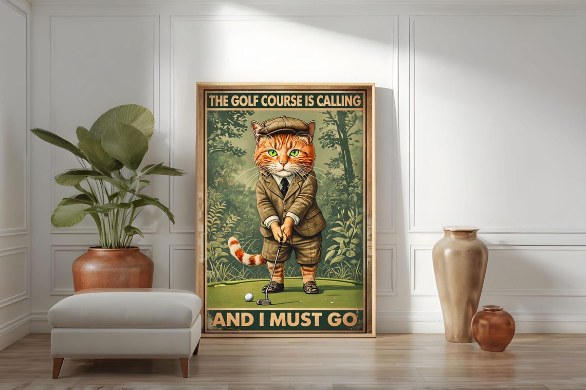 Golf Course Is Calling Cat Vintage Funny Golf Lover Art Poster - Image 3