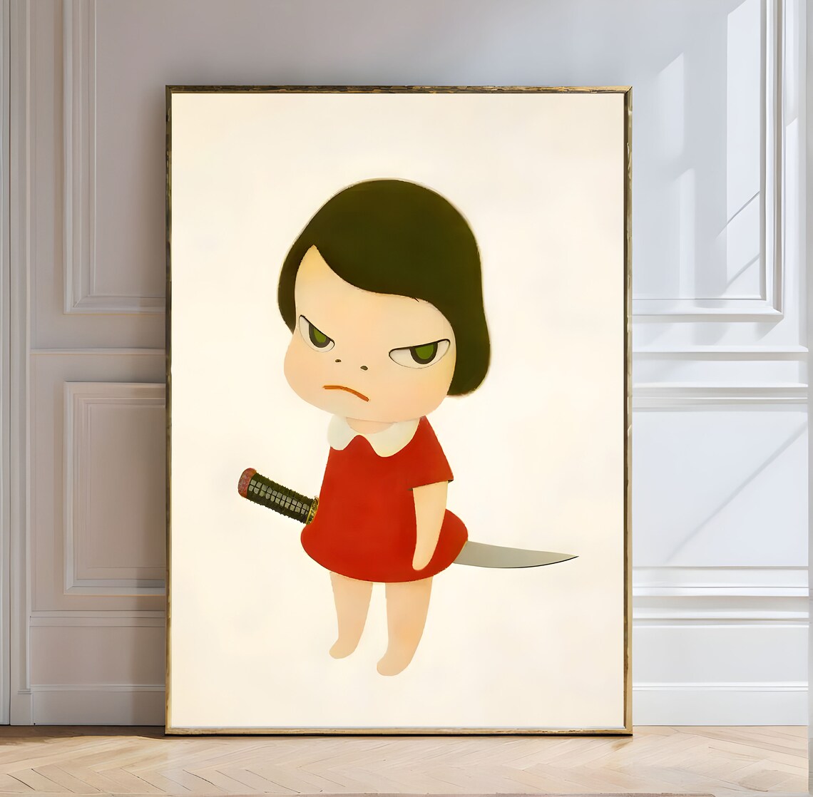 Yoshitomo Nara Girl With Knife Behind Back Red Dress Art Poster