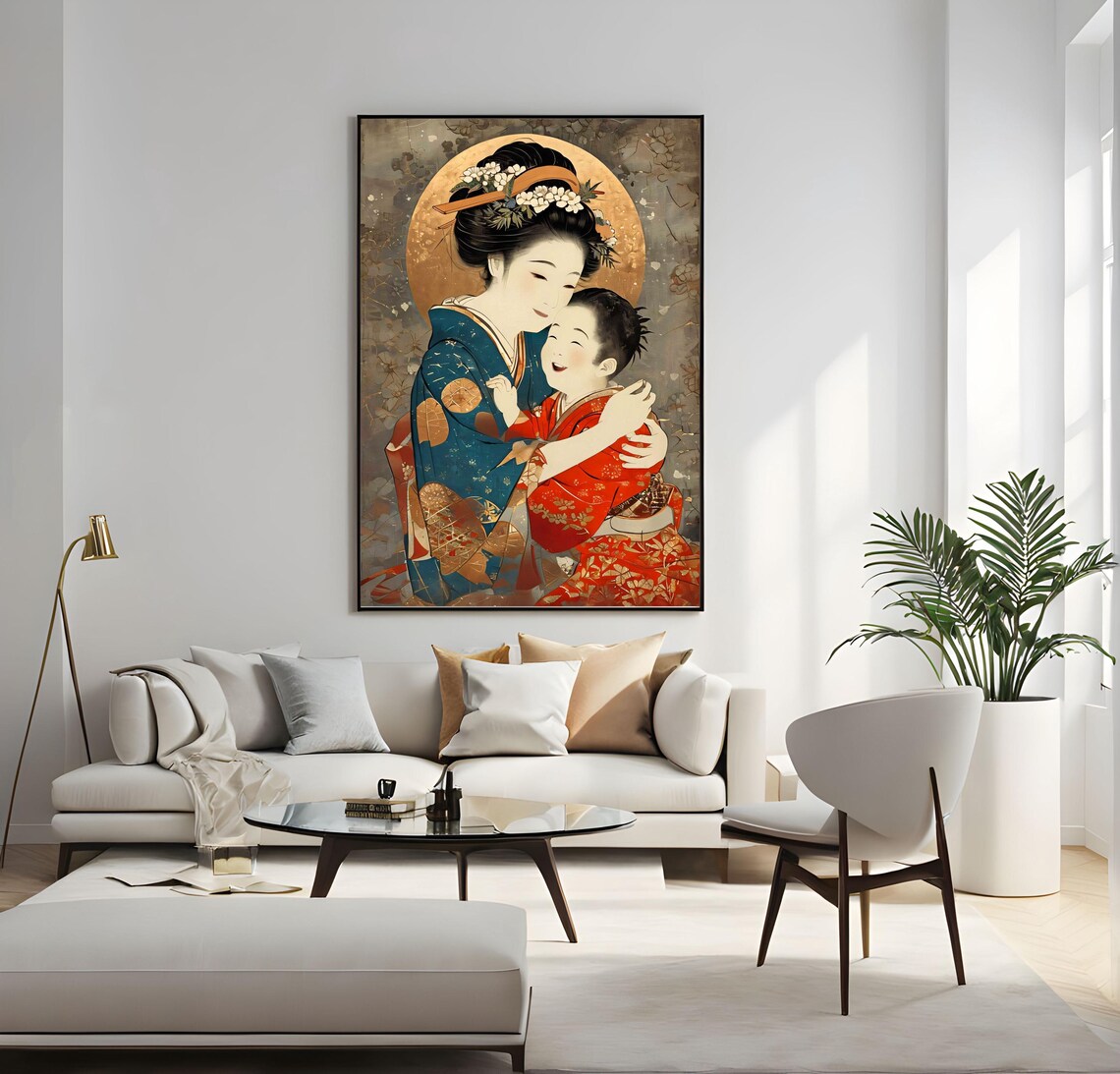 Mother and Child in Traditional Japanese Kimono Embrace Art Poster - Image 3
