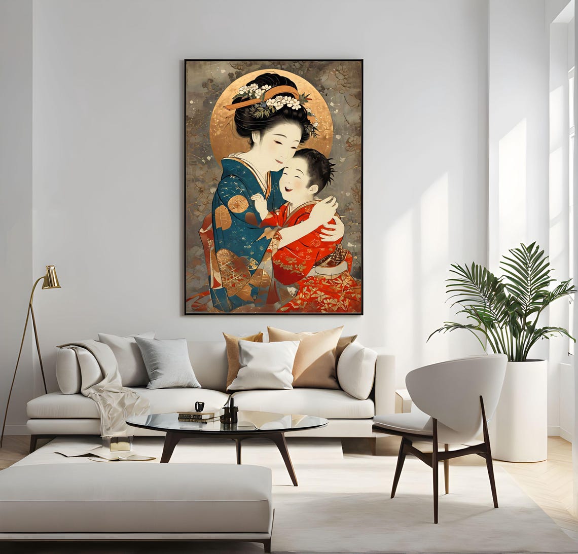 Mother And Child Japanese Kimono Traditional Art Mother Child Japanese Kimono Traditional Gold Love Family Serene Art Floral Joy - Image 3