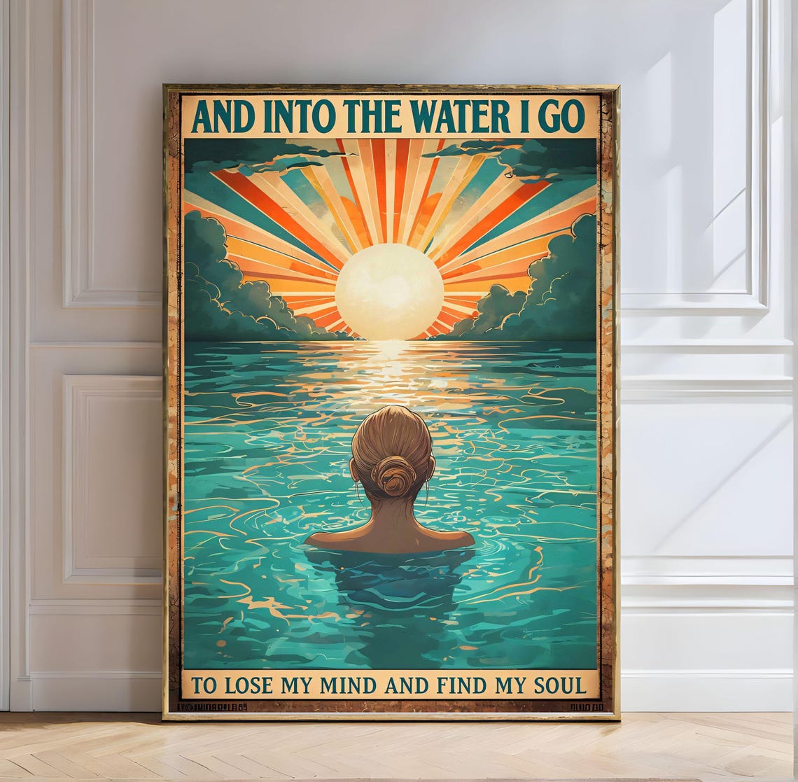 And Into the Water I Go Retro Sunburst Swimmer Vintage Soul Poster