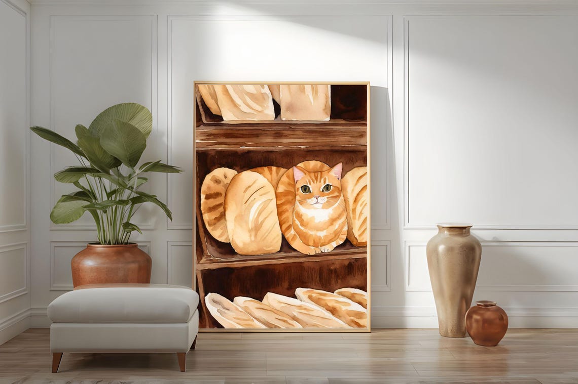 Ginger Cat Loaf Nestled Among Bread Loaves Watercolor Art Poster - Image 4