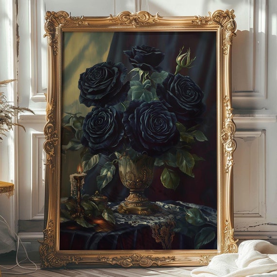 Elegant Gothic Black Rose Wall Art Print Black Rose Wall Art Print Antique Floral Dark Botanical Aesthetic Vintage Floral Art