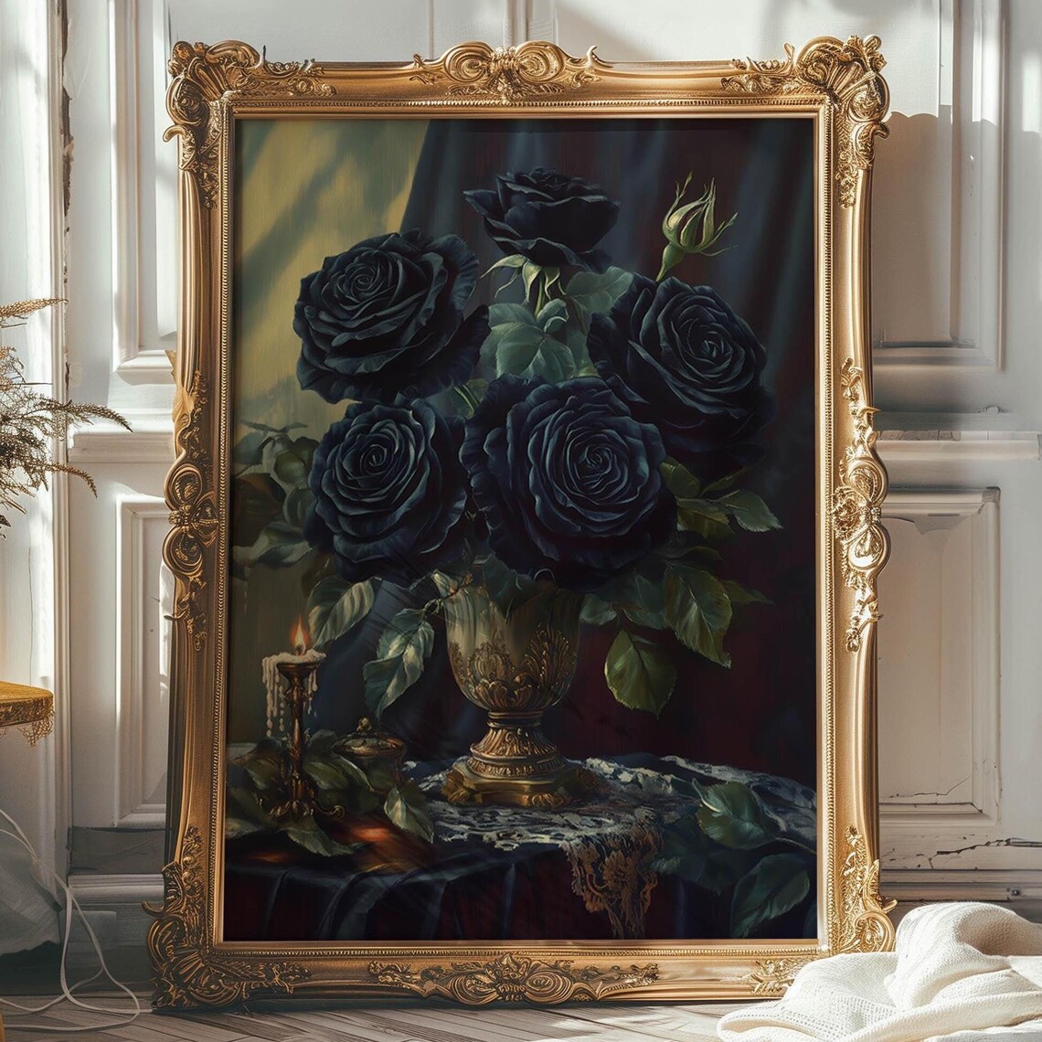Black Roses Candlelit Still Life Moody Gothic Rose Art Poster