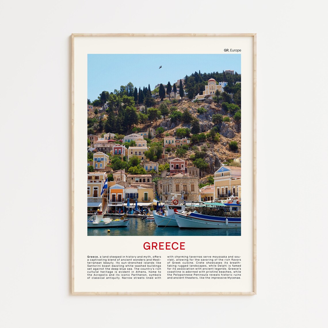 Minimalist Greece Travel Photo Poster Featuring a Colorful Harbor Town