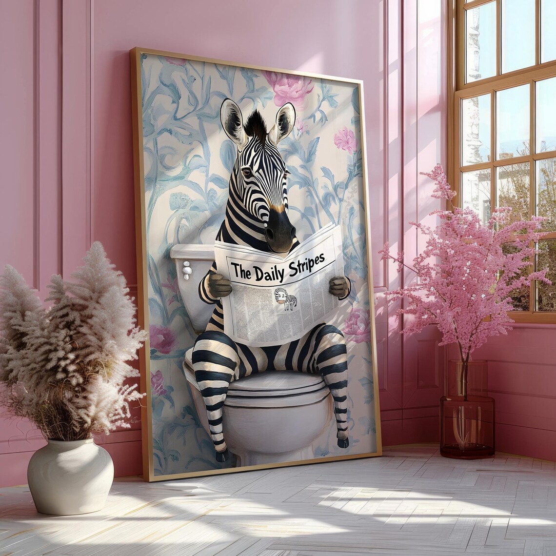 Zebra Reading The Daily Stripes on a Toilet With a Floral Wallpaper Poster - Image 5