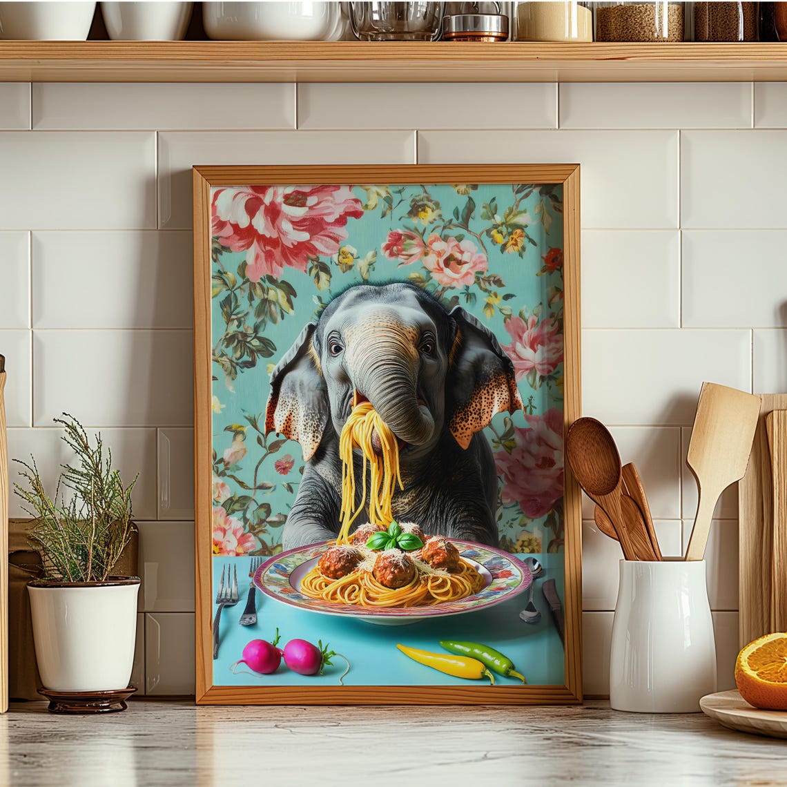 Elephant Eating Spaghetti and Meatballs Floral Kitchen Poster - Image 6