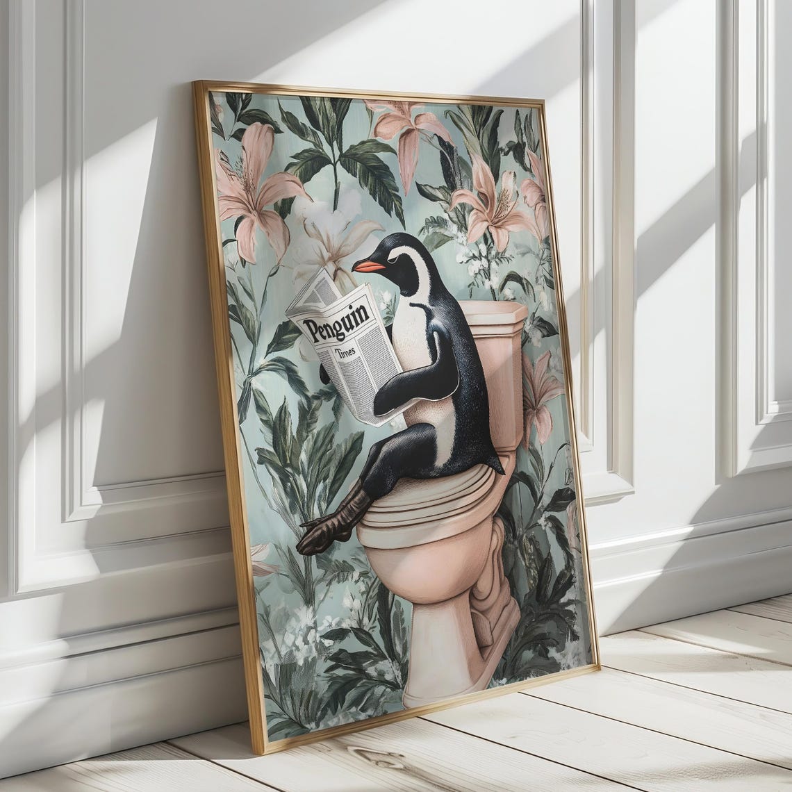 Penguin on a Toilet Reading the Penguin Times Bathroom Poster - Image 6