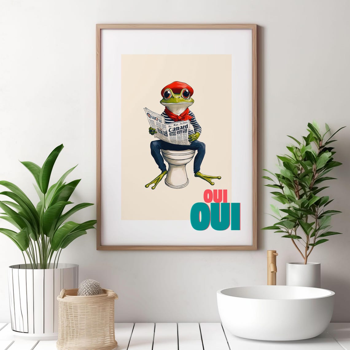 Oui Oui French Frog in a Red Beret on a Toilet Reading a Poster - Image 3