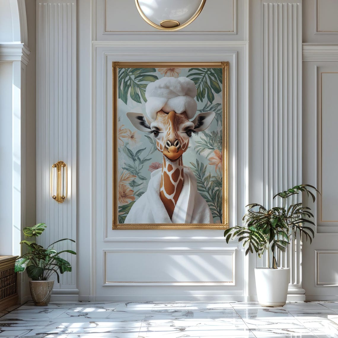 Giraffe in a Spa Robe and Towel Turban Tropical Bathroom Poster - Image 3